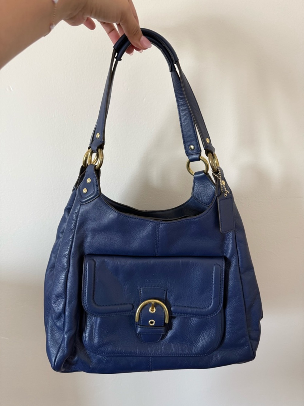 Coach Navy Leather Hobo Shoulder Bag with Front Buckle Pocket